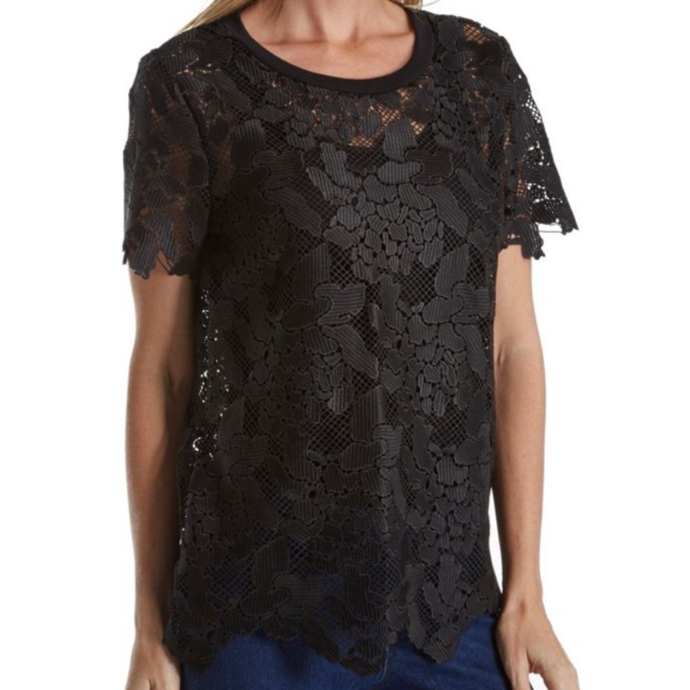 Three Dots Black See through Lace Short Sleeve Top S